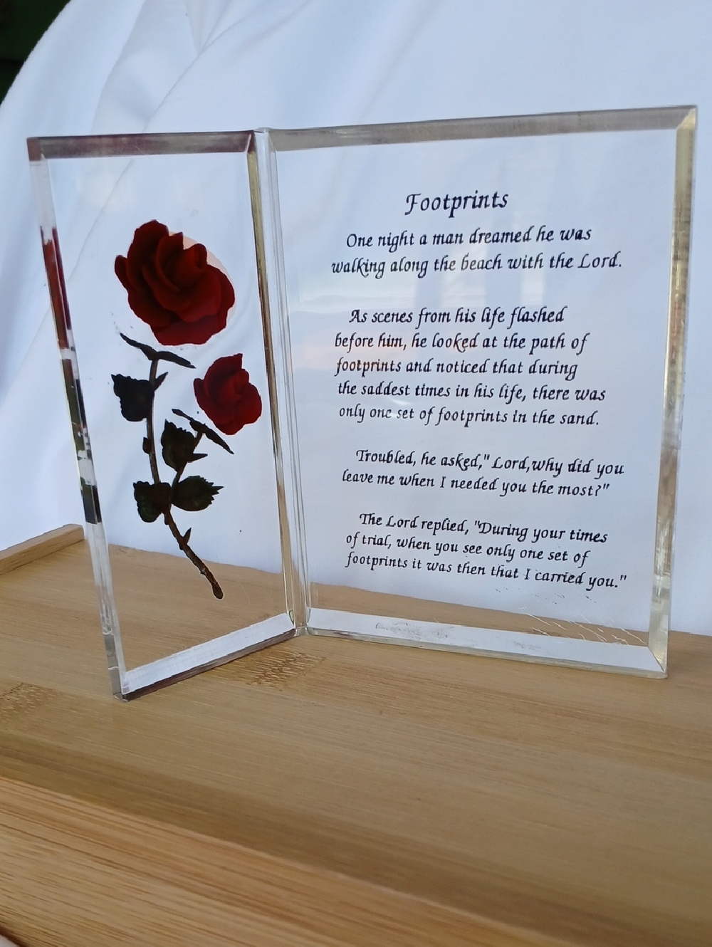 READ- VTG Lucite Footprints Poem Freestanding Plaque